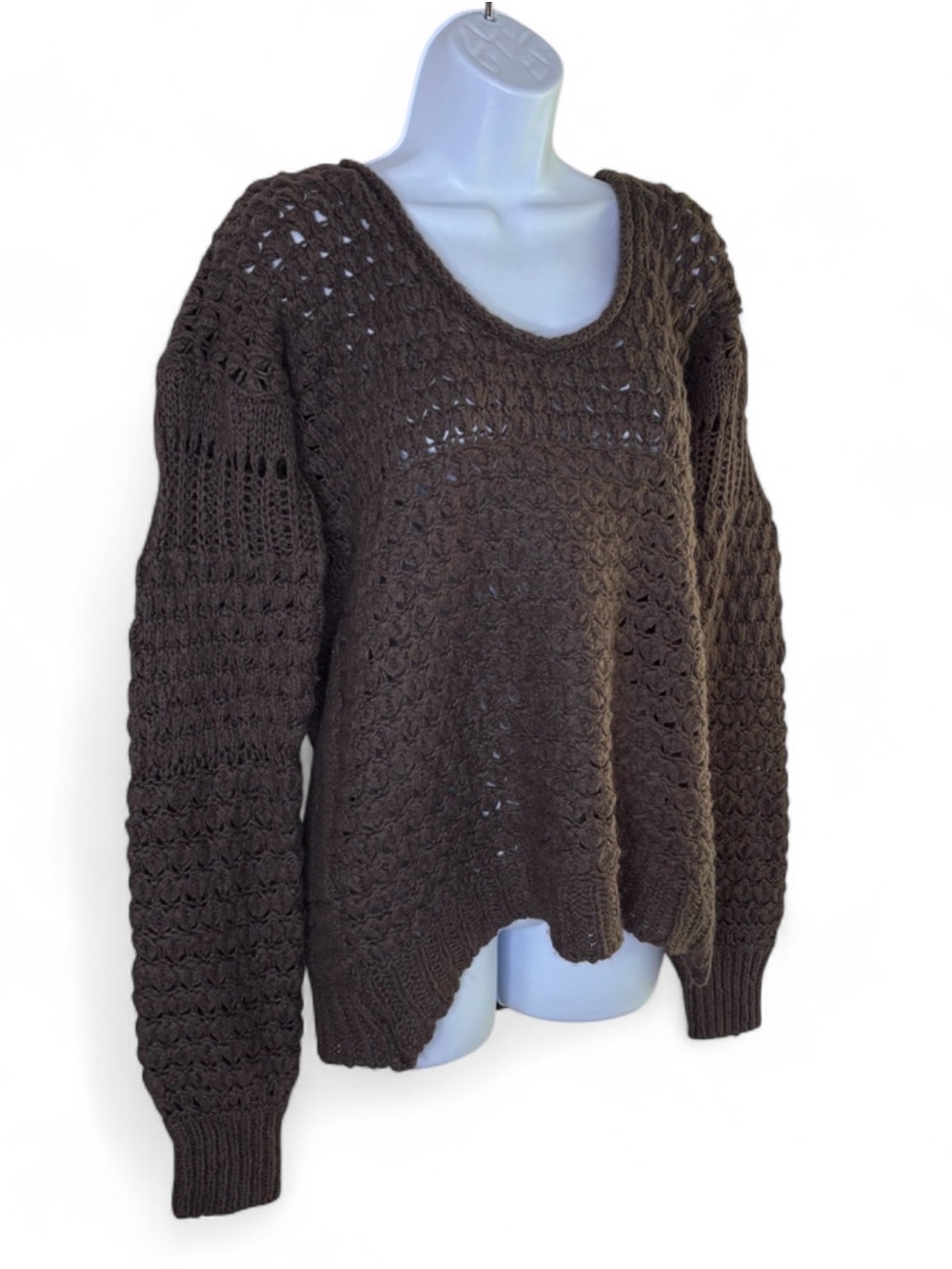 Free People Crashing Waves Pullover Sweater Sz Small Cocoa Brown Open Knit Boho - Picture 2 of 7